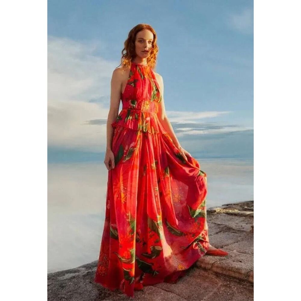 Farm Rio Red Pietra Floral Sleeveless Maxi Dress L